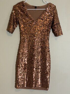 BCBGMaxAzria Maura Rose Gold Sequin V-Neck Dress Bodycon Mini